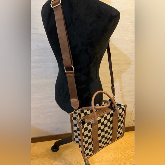 Elegant Canvas Checkered Crossbody with Top Handles Tan Leather - Picture 5 of 12